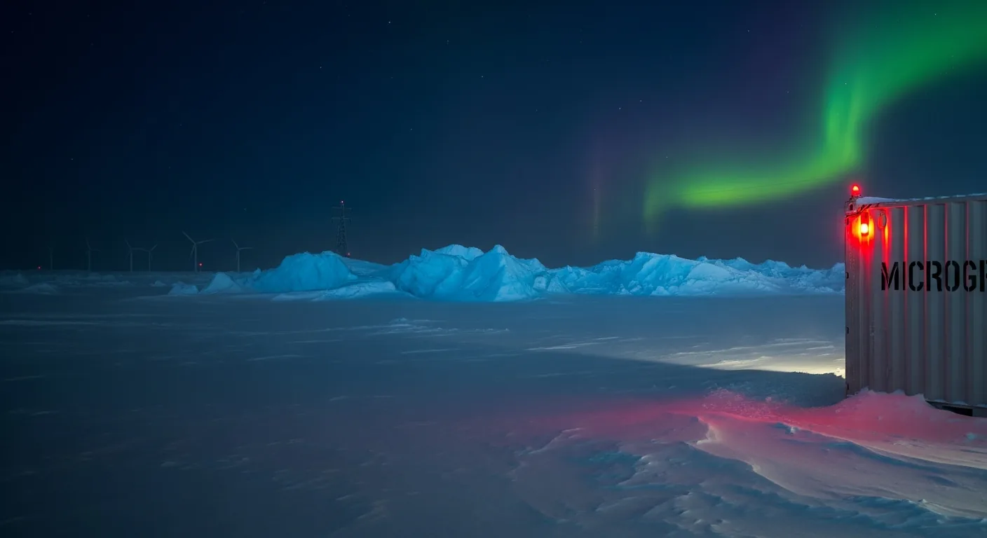 Arctic microgrid container under aurora borealis